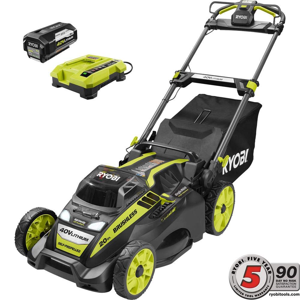 Ryobi. 20" RY40190 40-Volt Brushless Lithium-Ion Cordless Battery Self Propelled Lawn Mower with 5.0 Ah Battery and Charger Included