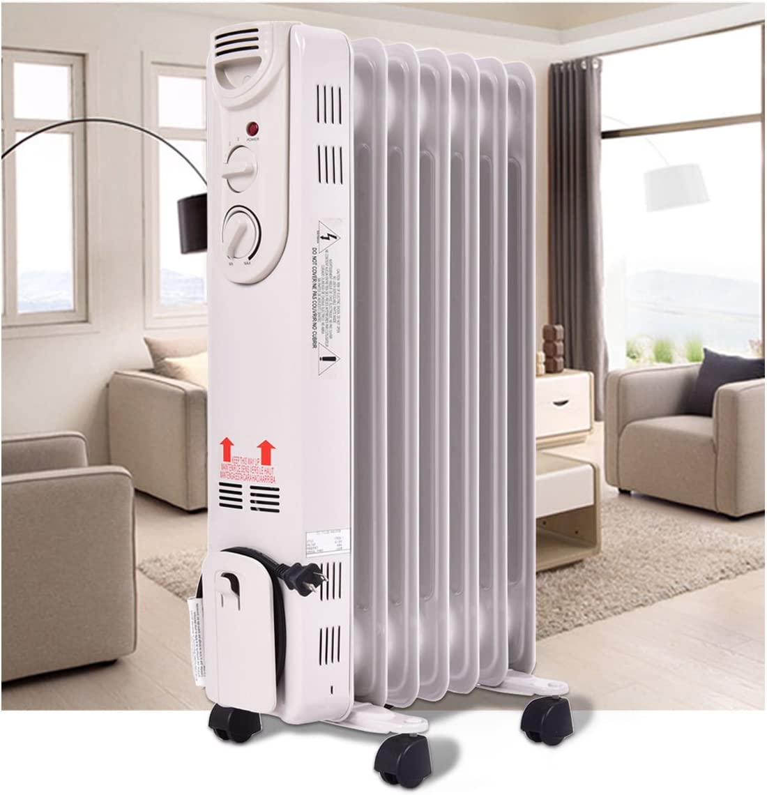 1500W Electric Oil Filled Radiator Space Heater 5-Fin Thermostat Room Radiant