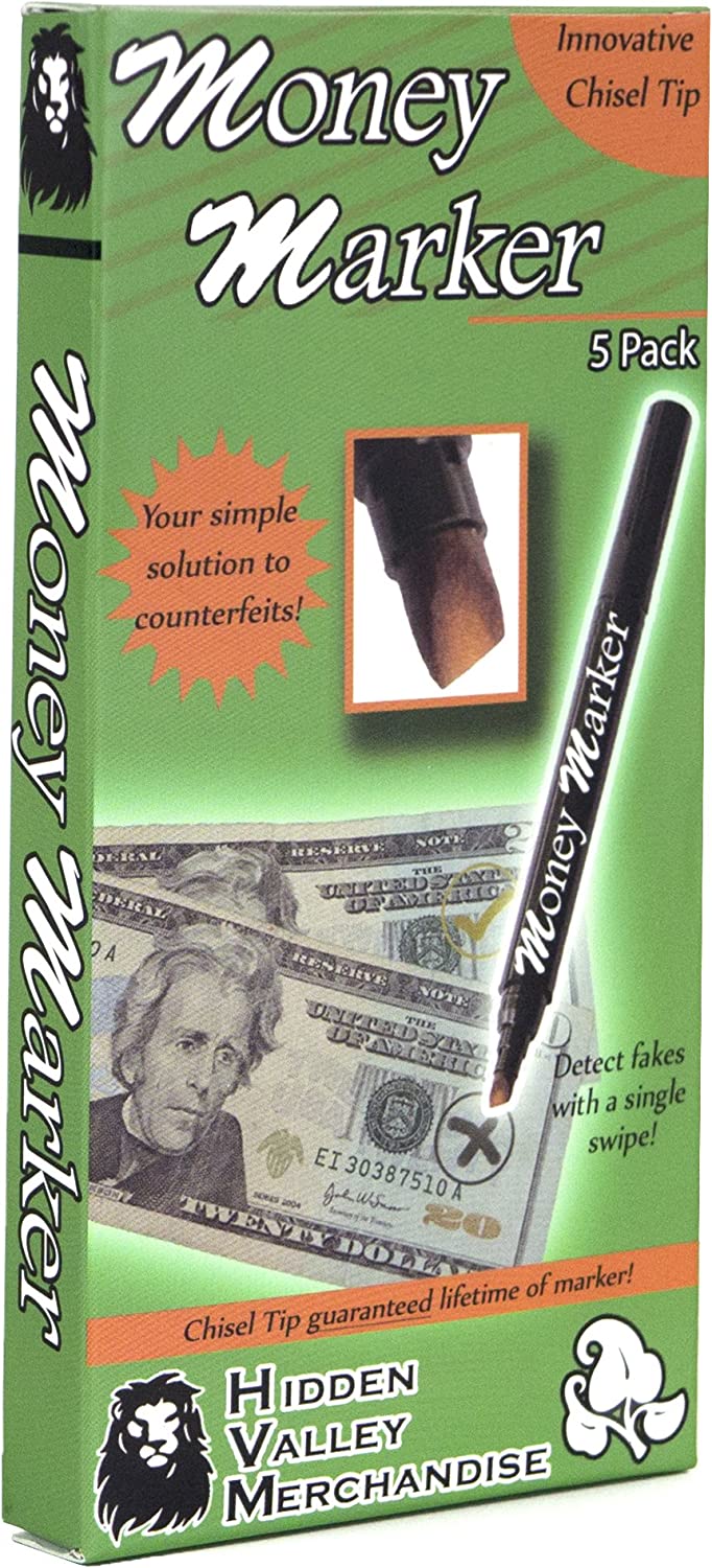 Money Marker (5 Counterfeit Pens) - Counterfeit Bill Detector Pen with Upgraded Chisel Tip