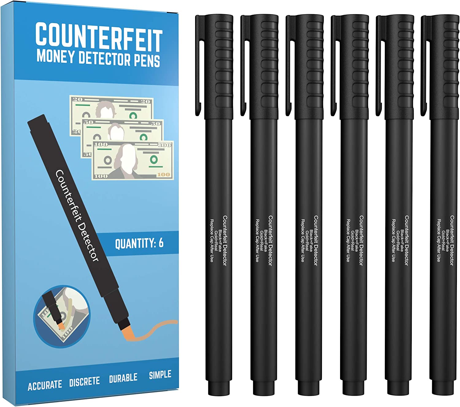 Counterfeit Pens - Money Detector Markers - Detects Fake Counterfeit Bills (6 Pens) with Easy Carry Pocket Clip